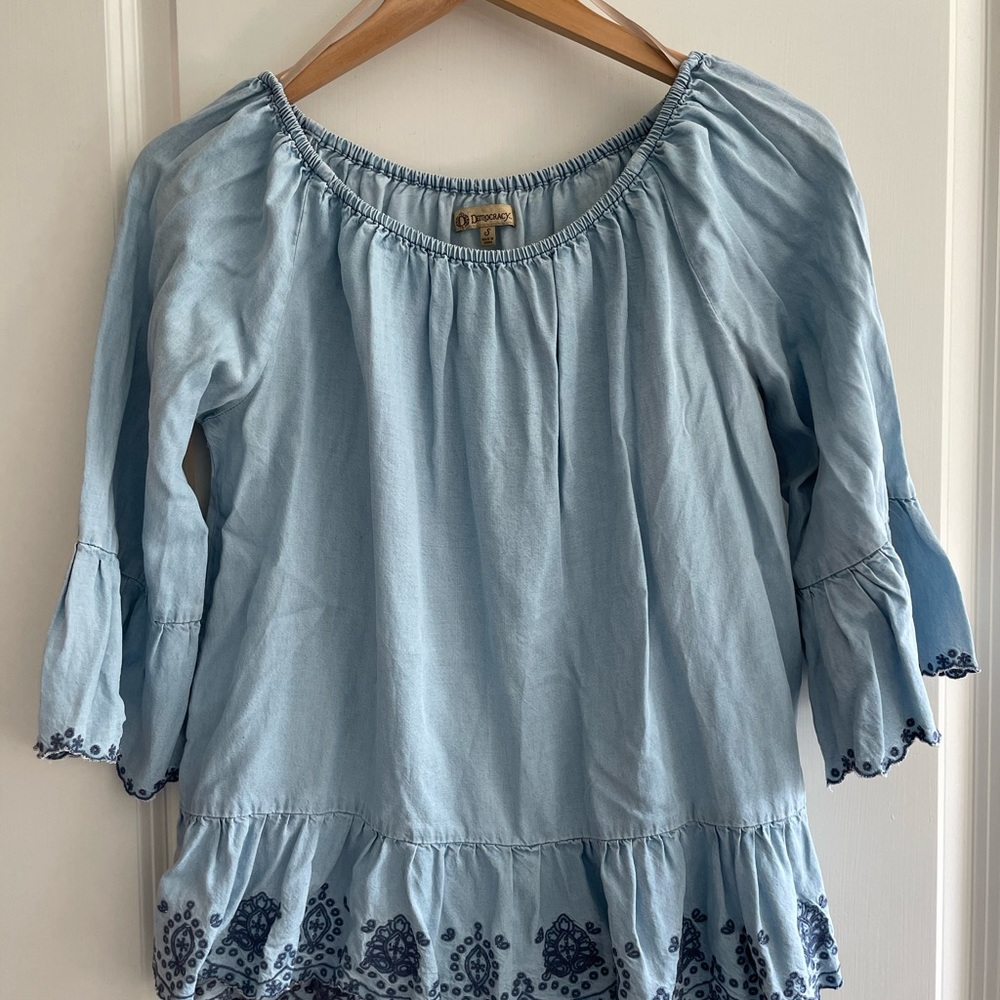Democracy Light Blue Peasant Top with Navy Embroidery
